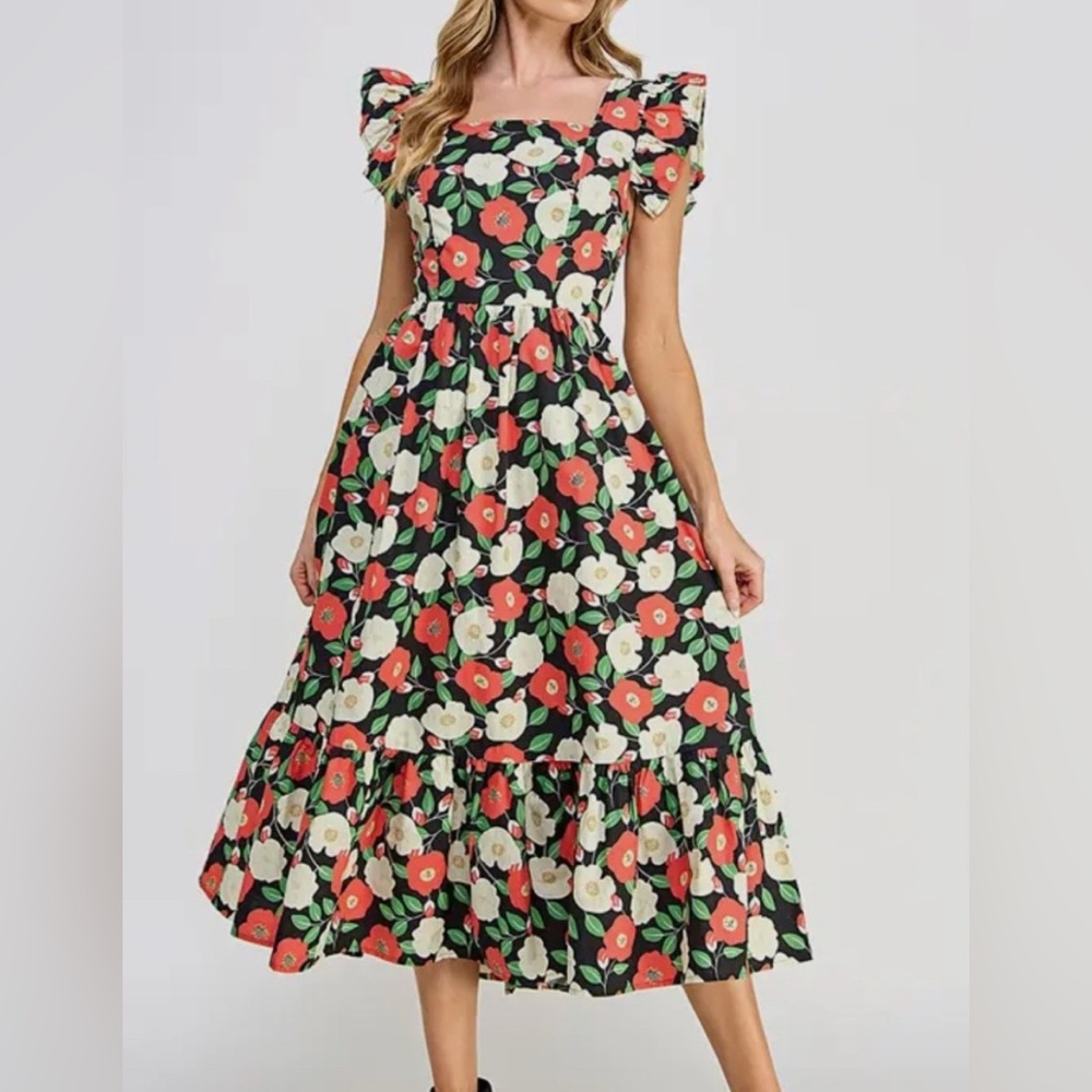 Tiana Midi Dress Floral Ruffle Sleeve